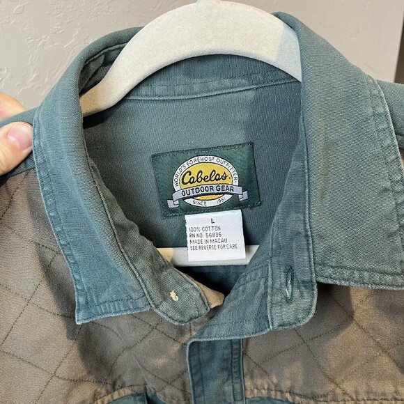 Button Up Patchwork Utility Green Brown Canvas Hunting Shirt L Quilted duck - Picture 6 of 8